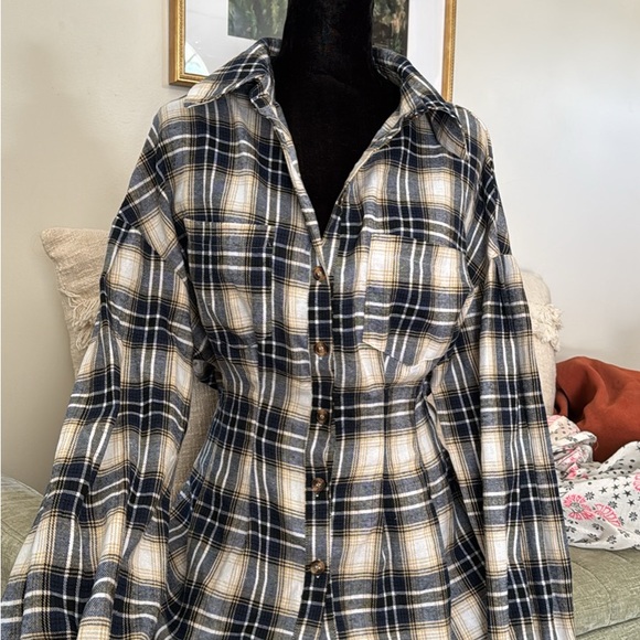 Plaid Button-Up Women's Top with a cinched waist - Picture 1 of 5